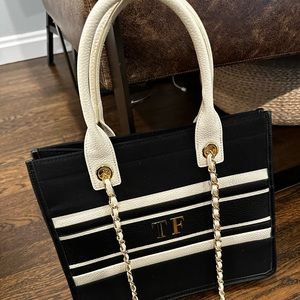 Faux leather black and cream tote bag